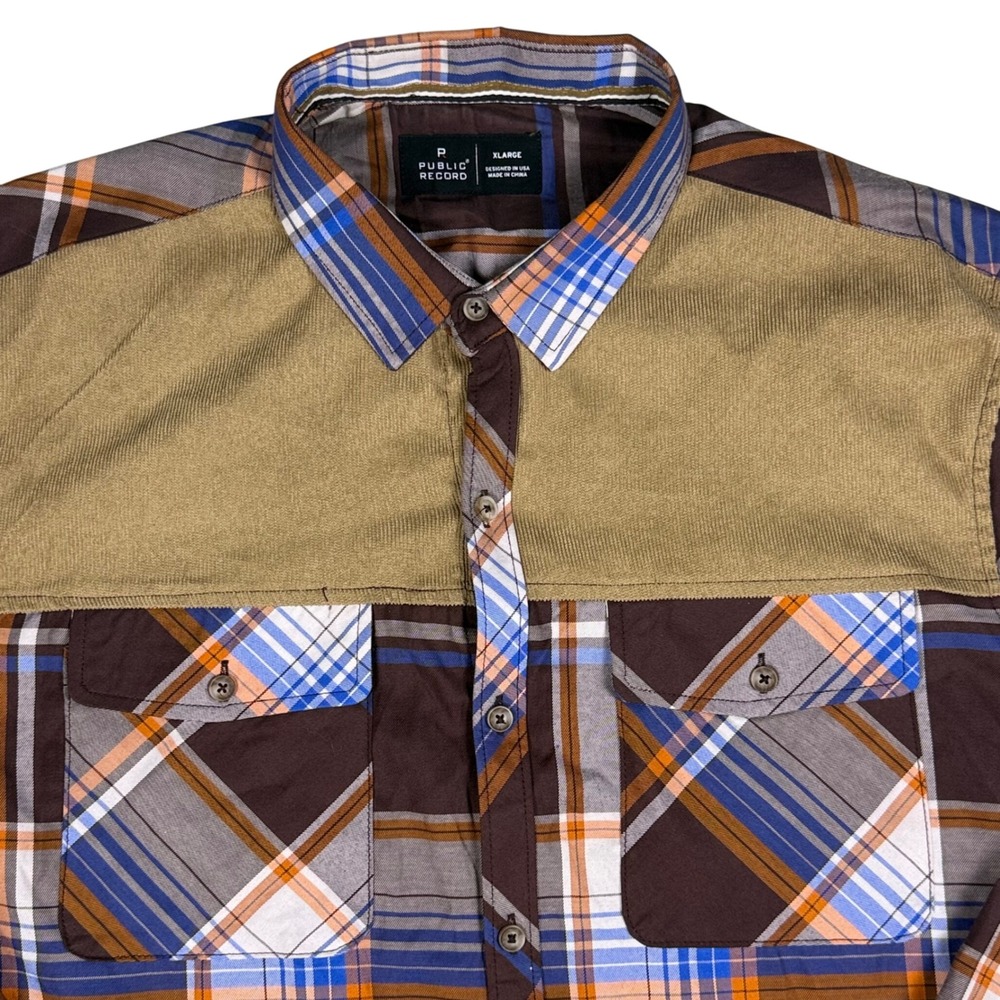 Mens Public Record‎ Plaid Button Down Shirt Brown Blue Orange Corduroy XL
